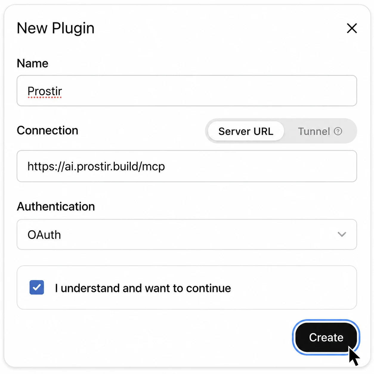 Name it NutriGuide, paste the connection link, tick the confirmation box, then press Create and sign in.