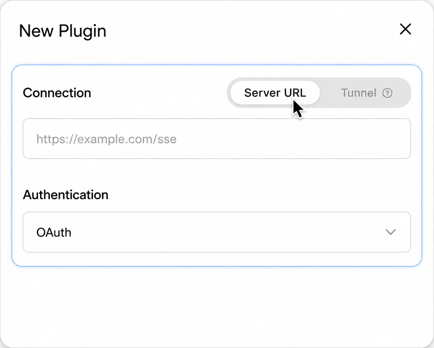 In the New Plugin window, keep Connection set to Server URL and Authentication set to OAuth.