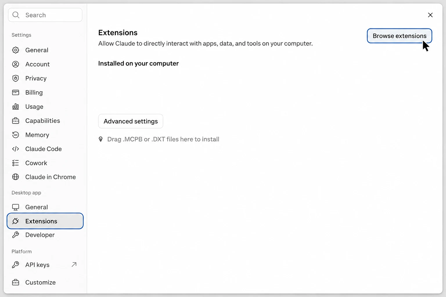Under Desktop app, open Extensions and press Browse extensions.