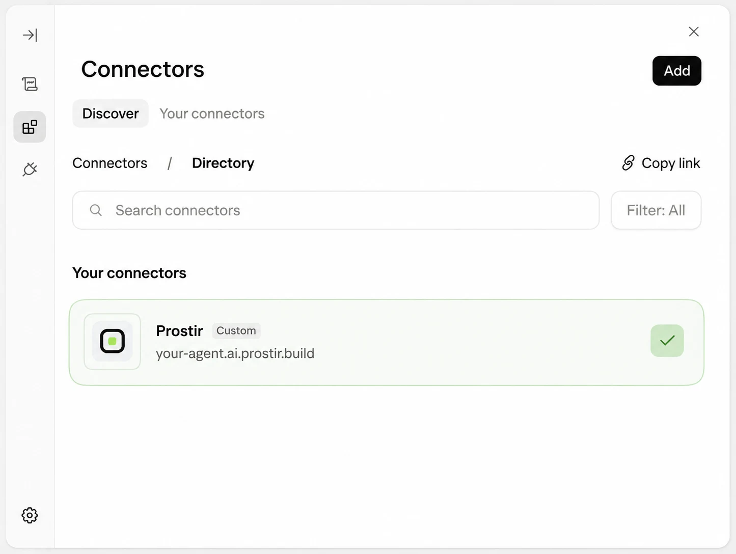 Complete the Prostir sign-in if Claude opens it. A green check marks the connector as connected.