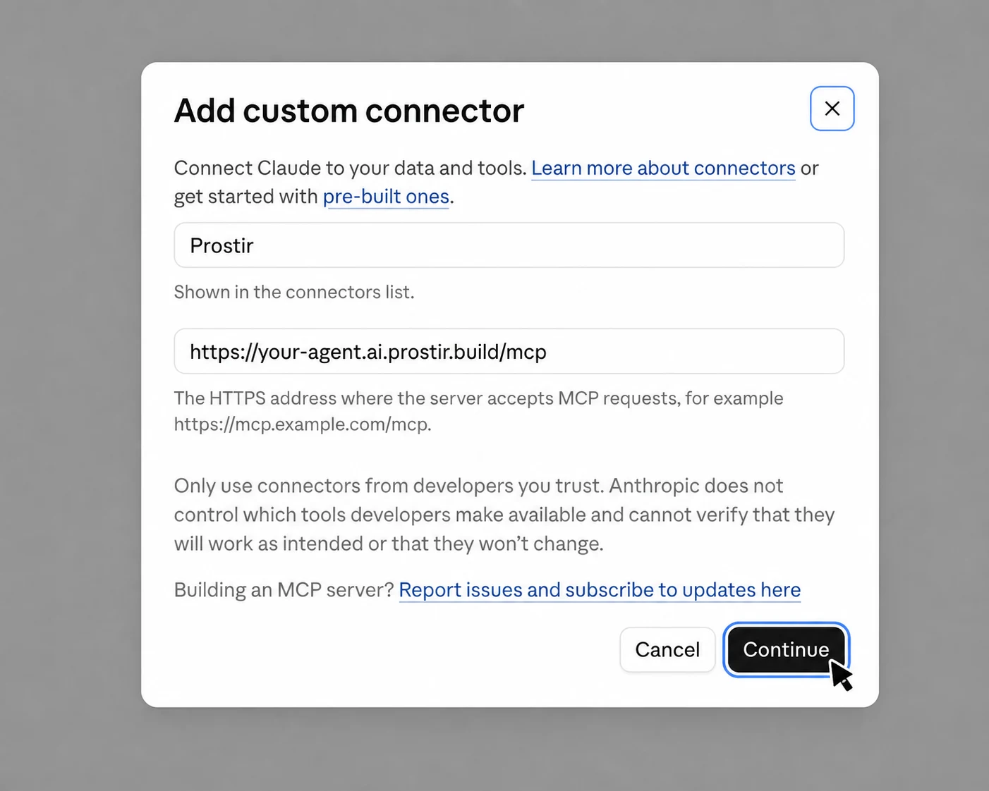 Name the connector NutriGuide, paste this connection link, and press Continue.