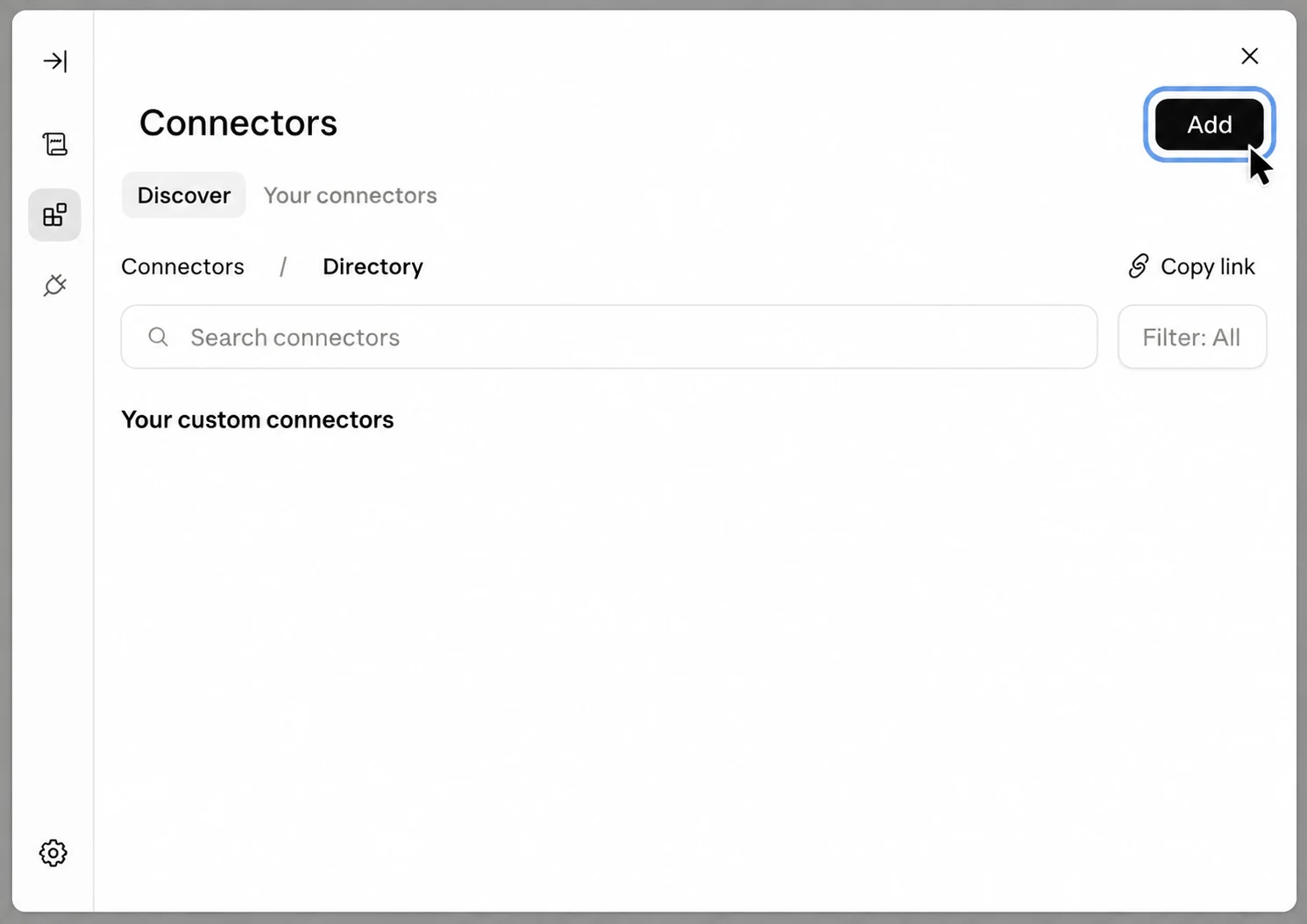 In Connectors, press Add and choose Add custom connector.